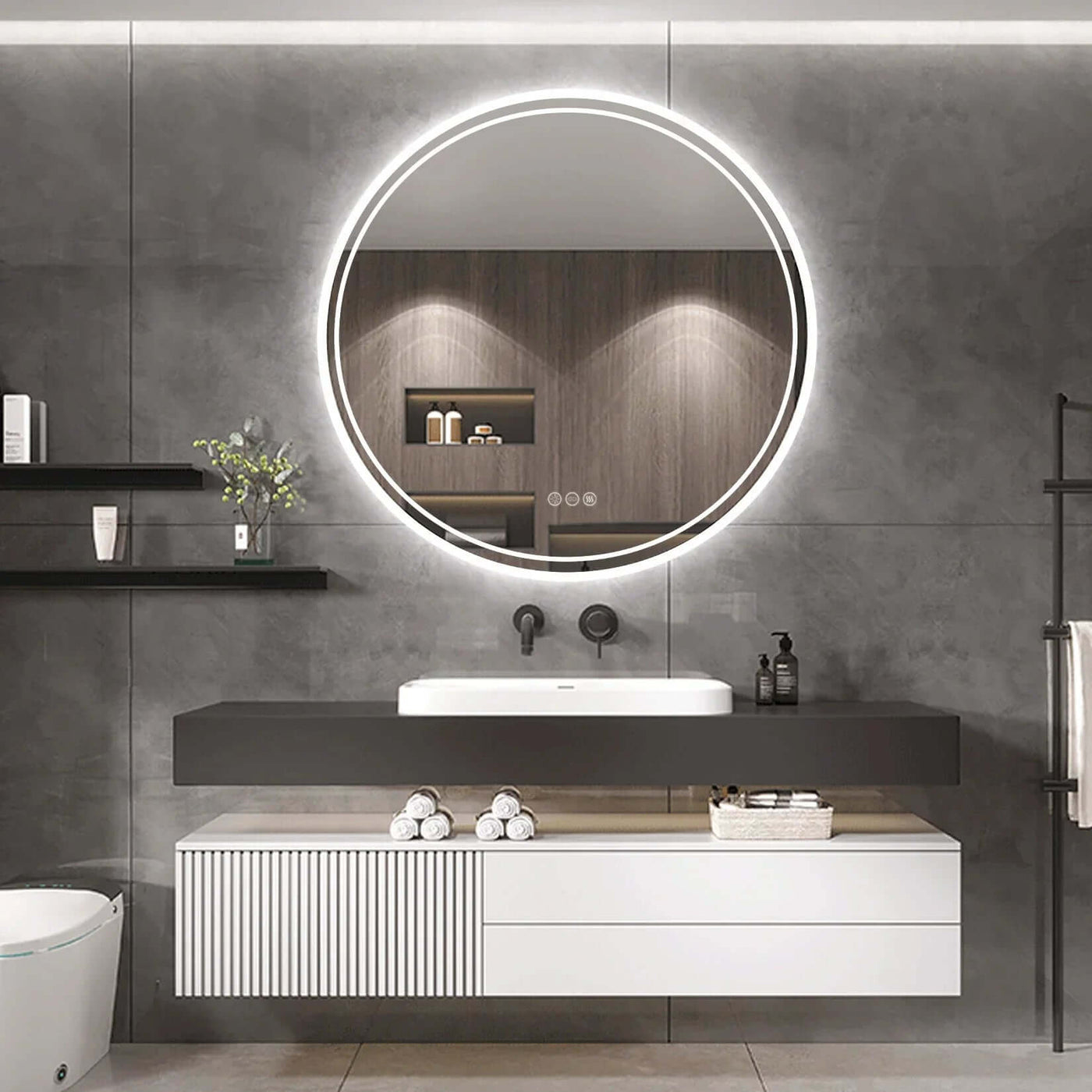 Round LED Bathroom Mirror with Touch and Anti-Fog