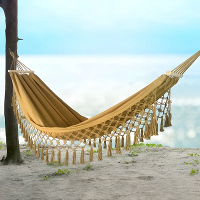 Boho Cotton Hammock with Wooden Bars for Indoor Outdoor Use