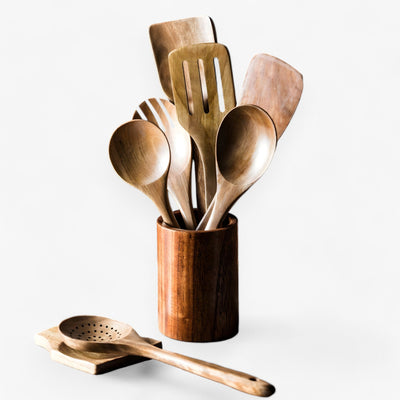 Teak Wooden Kitchen Utensil Set with Holder