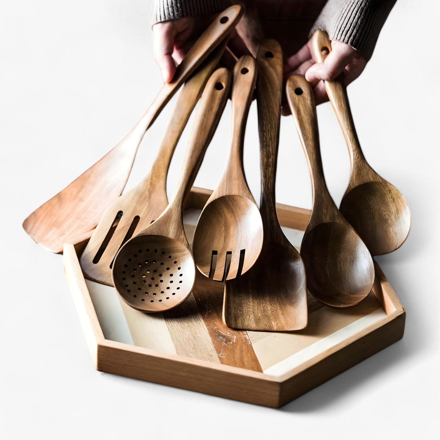 Teak Wooden Kitchen Utensil Set with Holder