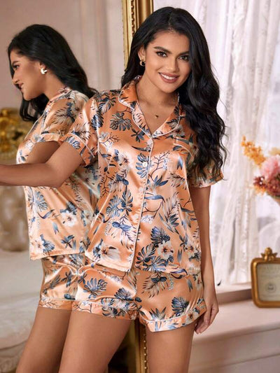 Tropical Satin Pajama Set – Elegant & Silky Nightwear