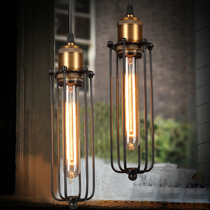 Retro Industrial Pendant Light with Metal Cage