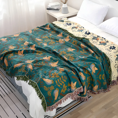 Embroidered Cotton Throw Blanket with Birds and Flowers