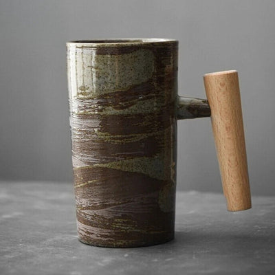 Nordic Ceramic Latte Mug with Wood Handle