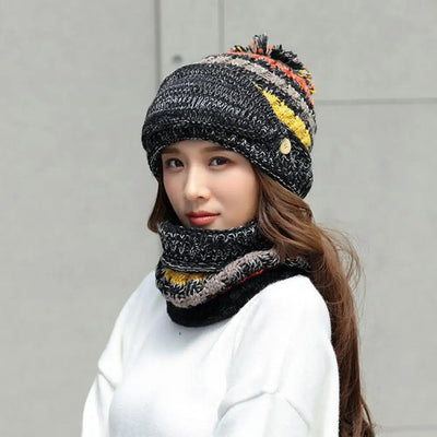 Women’s Knitted Hat and Scarf Set – Velvet Lined with Face Guard
