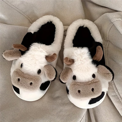 Women’s Cartoon Cow Slippers – Plush Lined with Non-Slip Sole