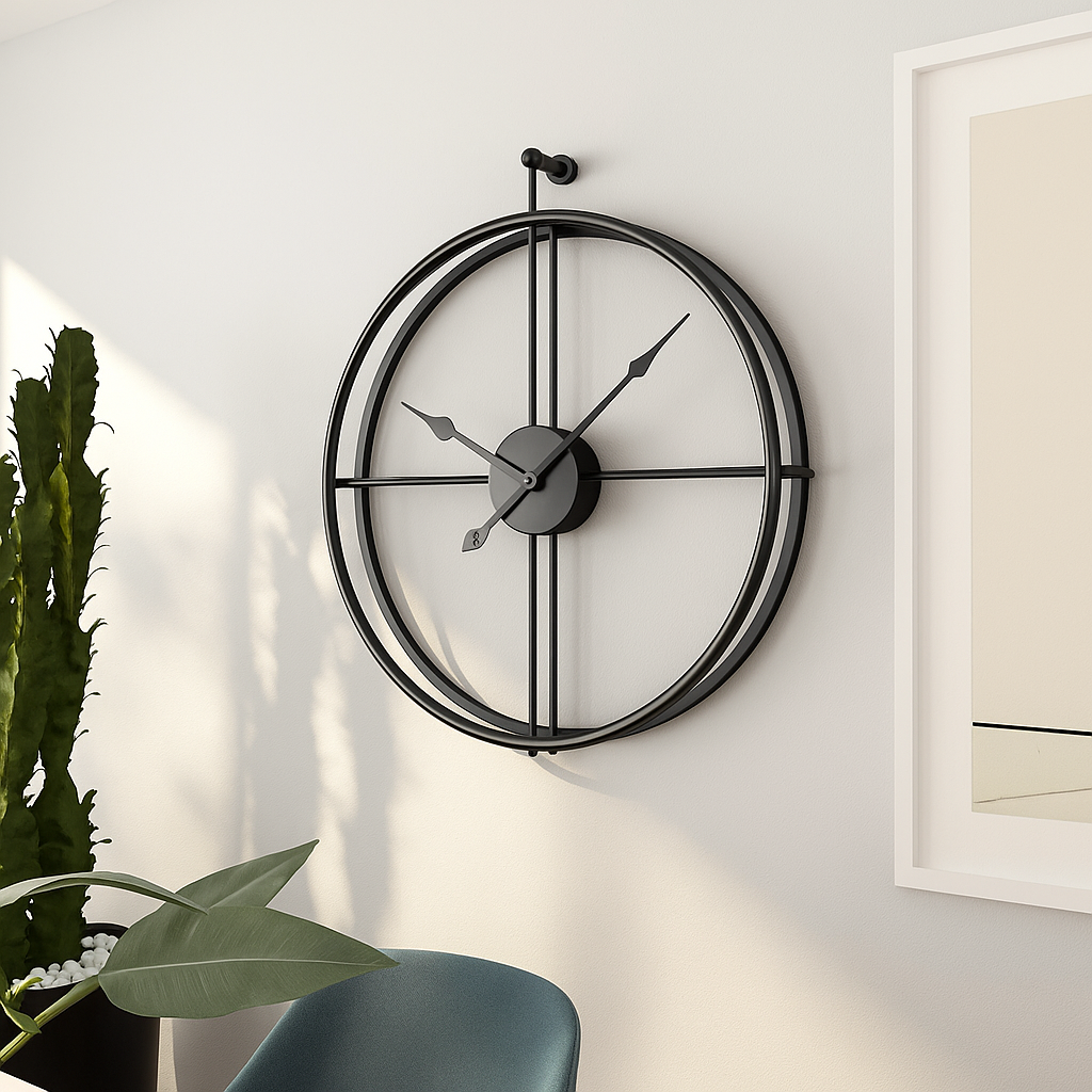Vermilion Modern Wall Clock – Silent Quartz, Minimalist Design, 55/60 cm, Black/Gray