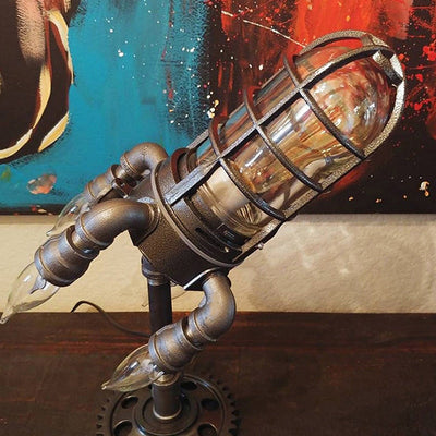 Steampunk Rocket Table Lamp with Flame Light