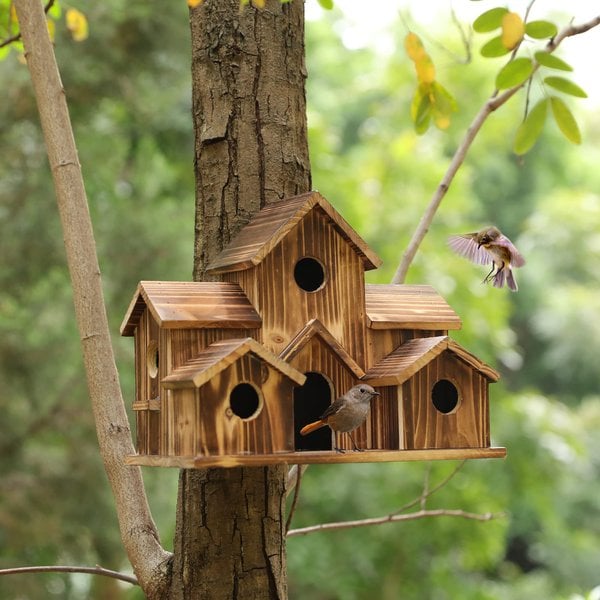 Rustic Wooden Handmade Birdhouse with 6 Entrances