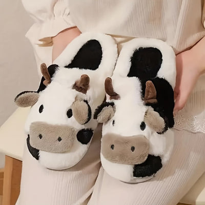 Women’s Cartoon Cow Slippers – Plush Lined with Non-Slip Sole
