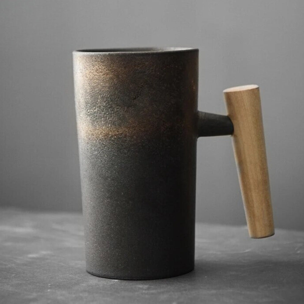Nordic Ceramic Latte Mug with Wood Handle