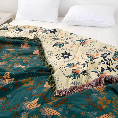 Embroidered Cotton Throw Blanket with Birds and Flowers