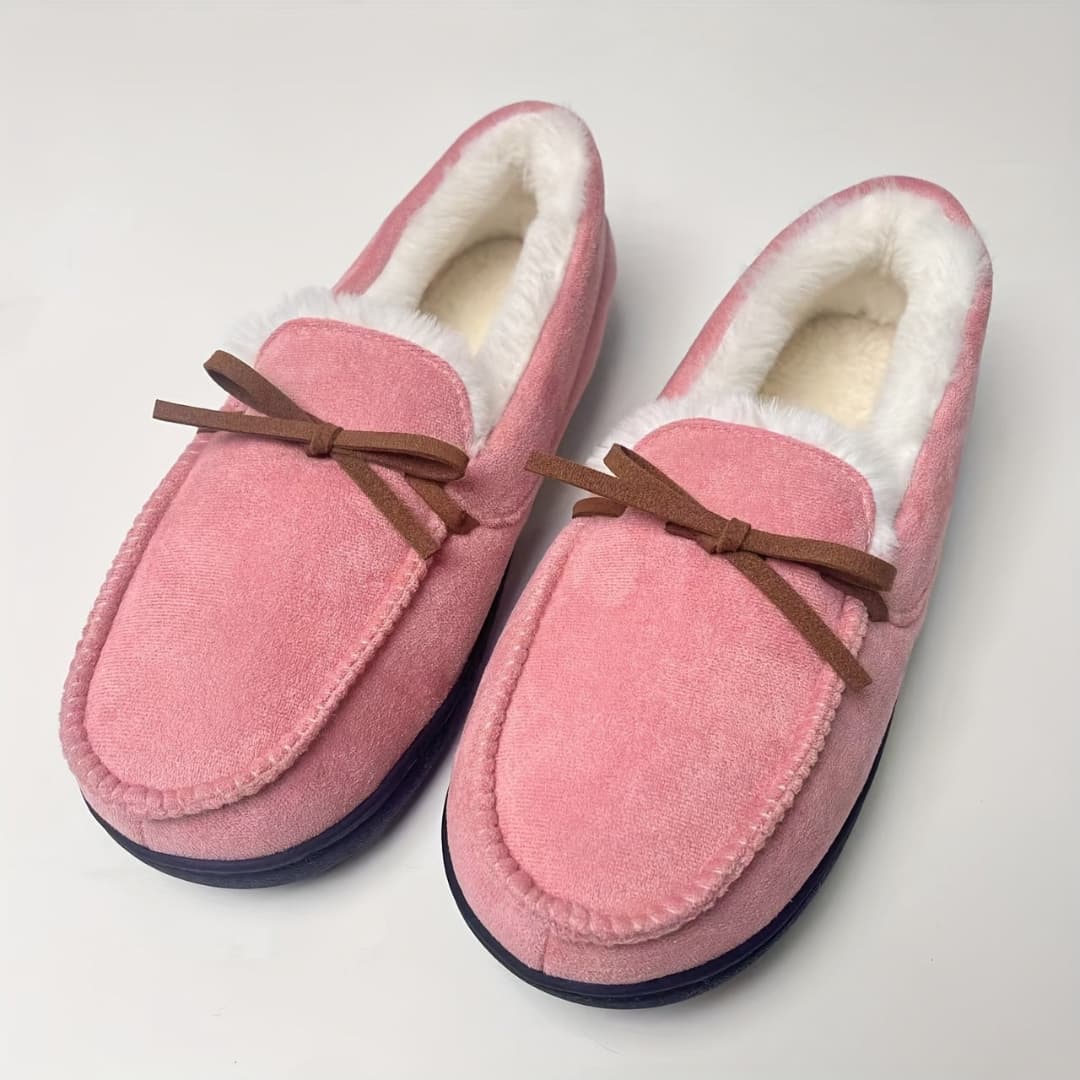 Women’s Fur-Lined Slippers with Bow – Soft Sole & Cozy Design