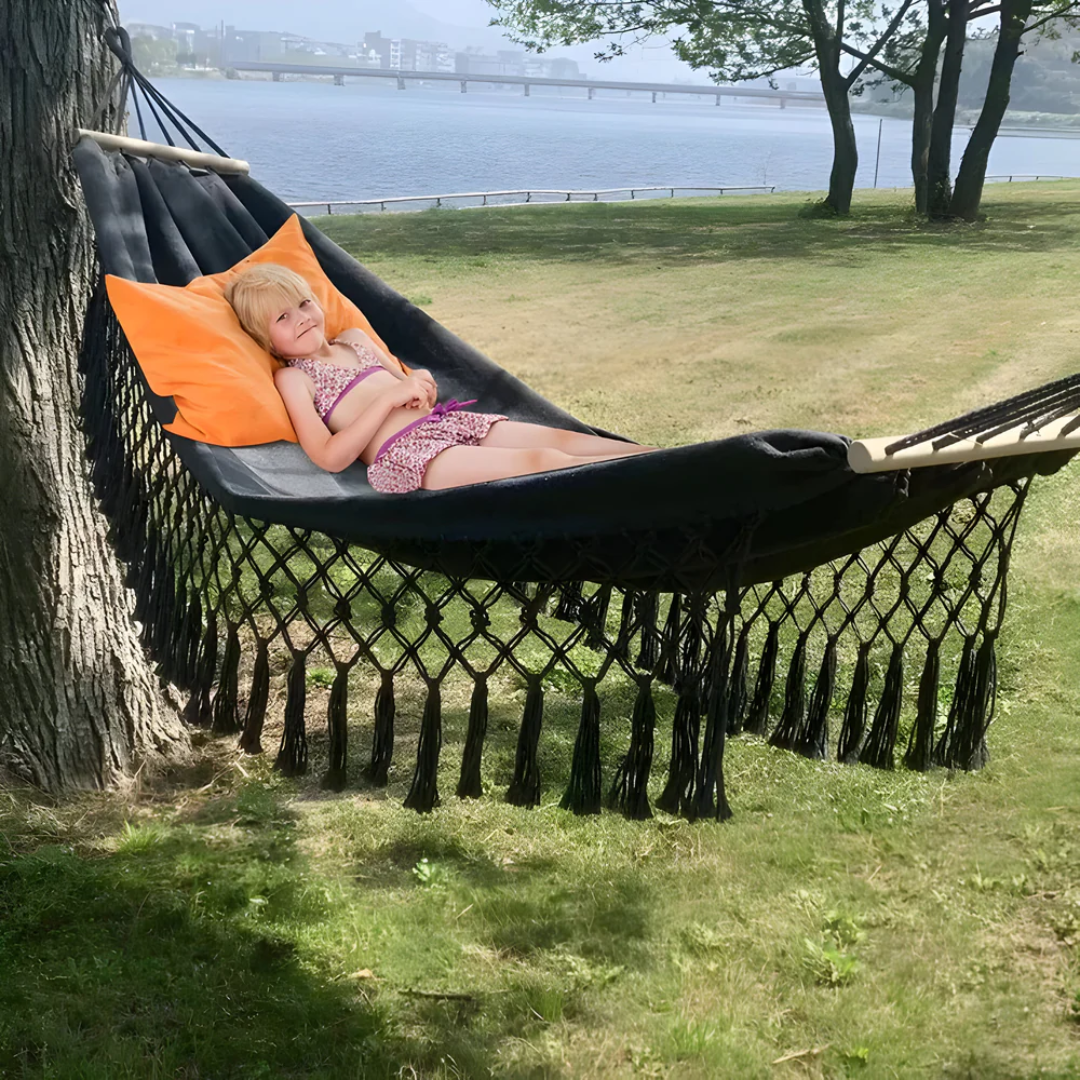 Boho Cotton Hammock with Wooden Bars for Indoor Outdoor Use
