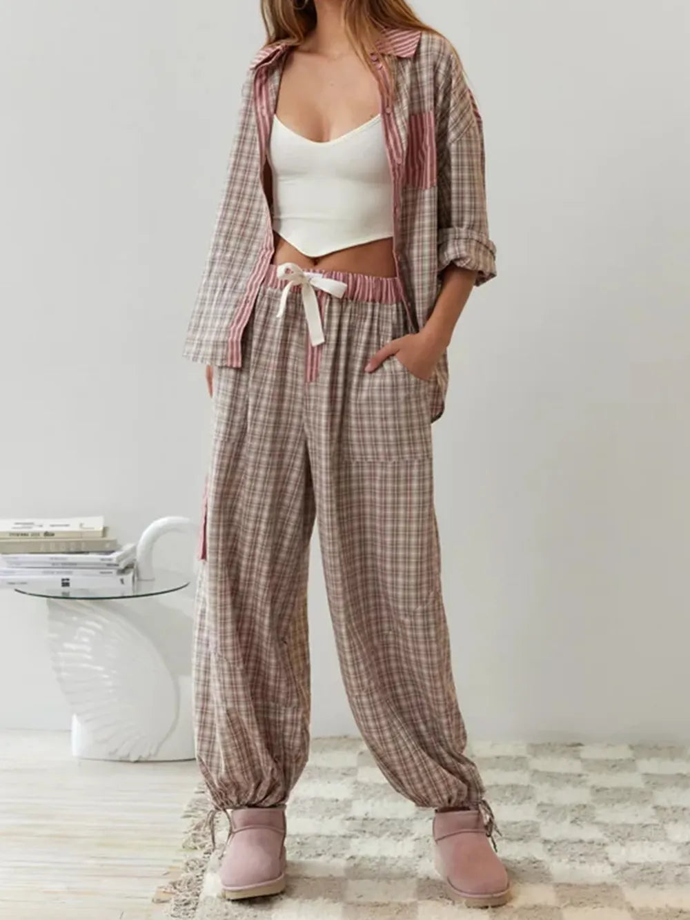 Women’s Two-Piece Pajama Set with Drawstring Trousers