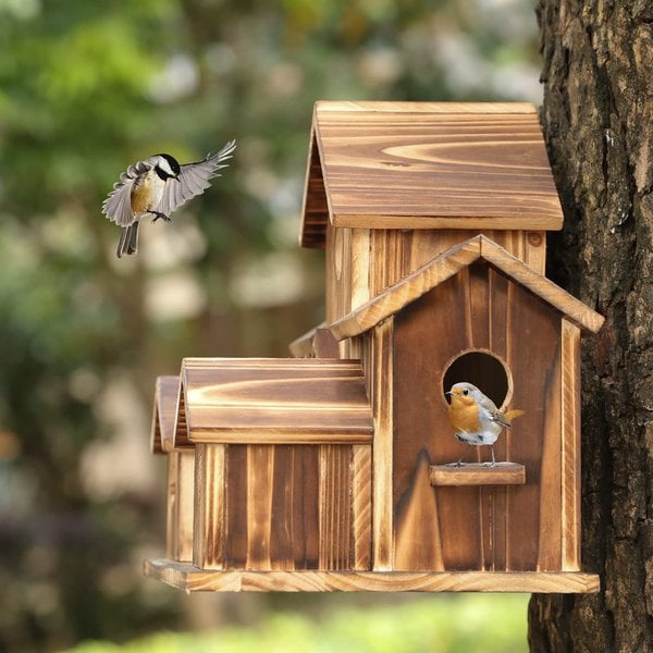 Rustic Wooden Handmade Birdhouse with 6 Entrances