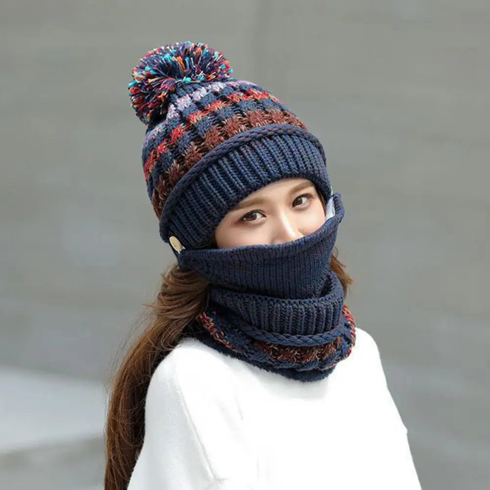 Women’s Knitted Hat and Scarf Set – Velvet Lined with Face Guard