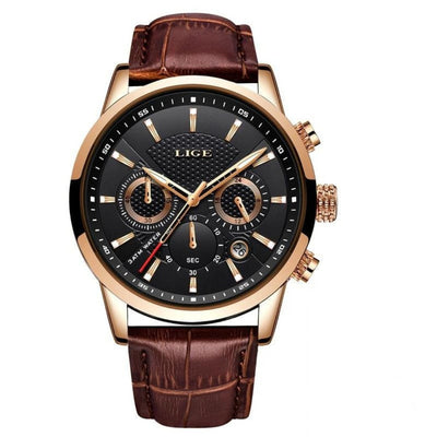 Men’s Stainless Steel Leather Strap Watch with Date