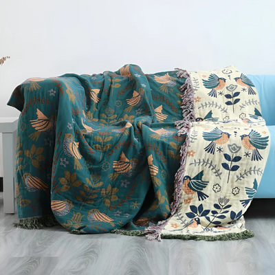 Embroidered Cotton Throw Blanket with Birds and Flowers