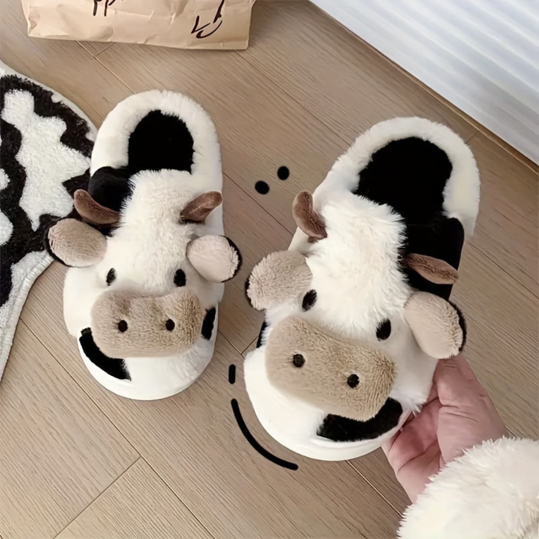 Women’s Cartoon Cow Slippers – Plush Lined with Non-Slip Sole