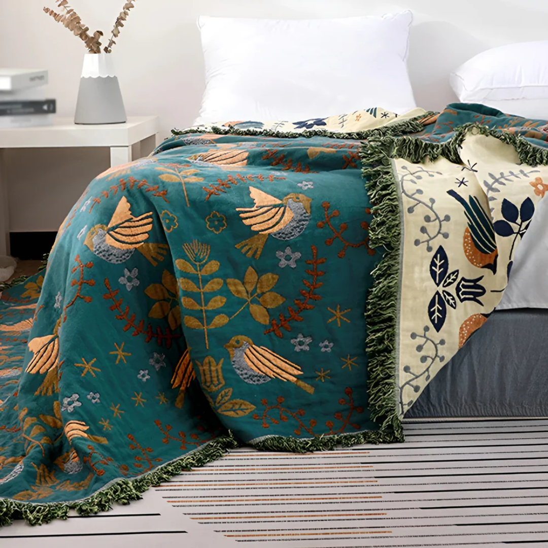 Embroidered Cotton Throw Blanket with Birds and Flowers