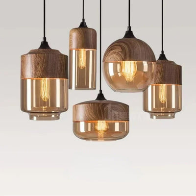 Hand-Blown Glass & Wood Pendant Light Adjustable
