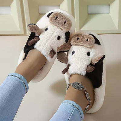 Women’s Cartoon Cow Slippers – Plush Lined with Non-Slip Sole