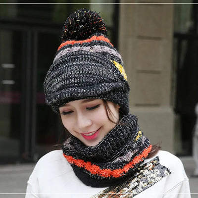 Women’s Knitted Hat and Scarf Set – Velvet Lined with Face Guard