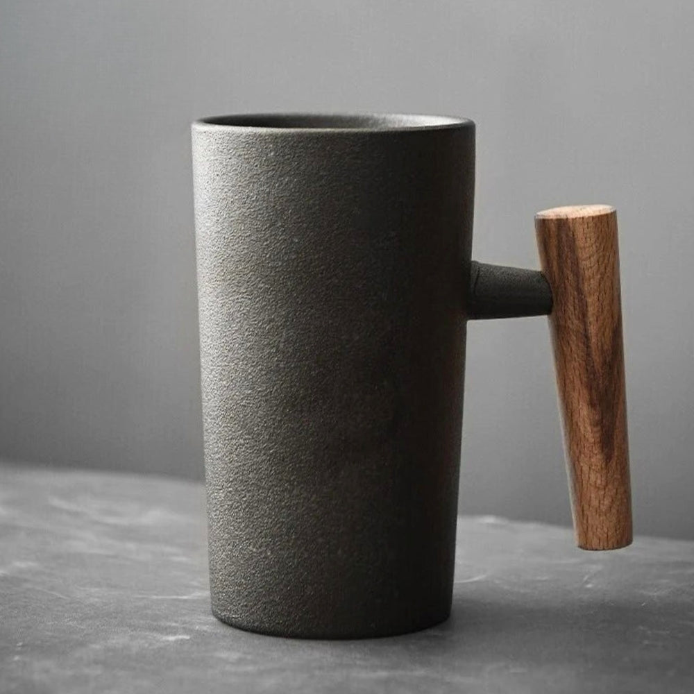 Nordic Ceramic Latte Mug with Wood Handle