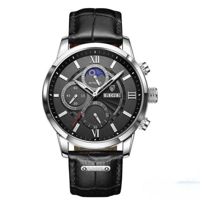 Men’s Stainless Steel Leather Strap Watch with Date