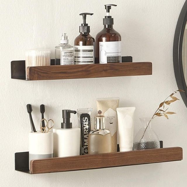No-Drill Solid Wood Bathroom Wall Shelf