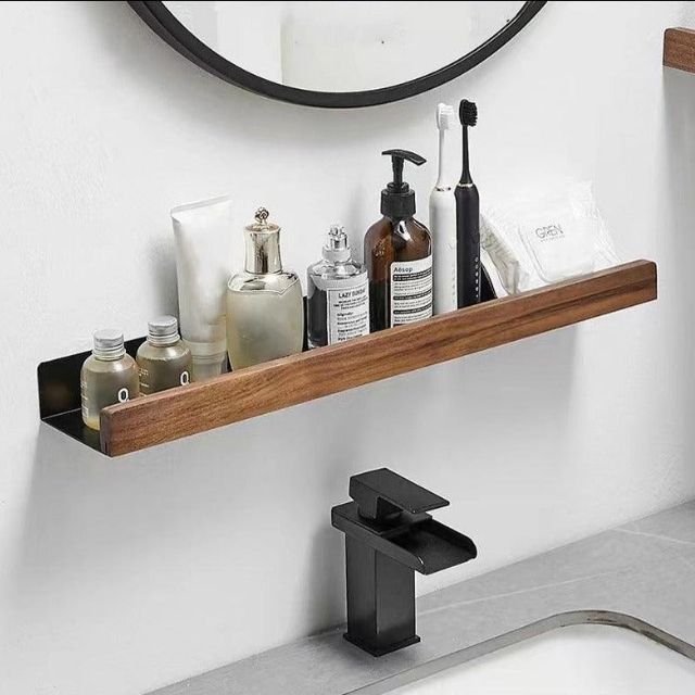 No-Drill Solid Wood Bathroom Wall Shelf