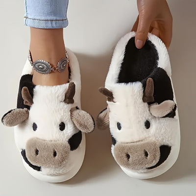 Women’s Cartoon Cow Slippers – Plush Lined with Non-Slip Sole