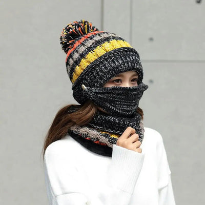 Women’s Knitted Hat and Scarf Set – Velvet Lined with Face Guard
