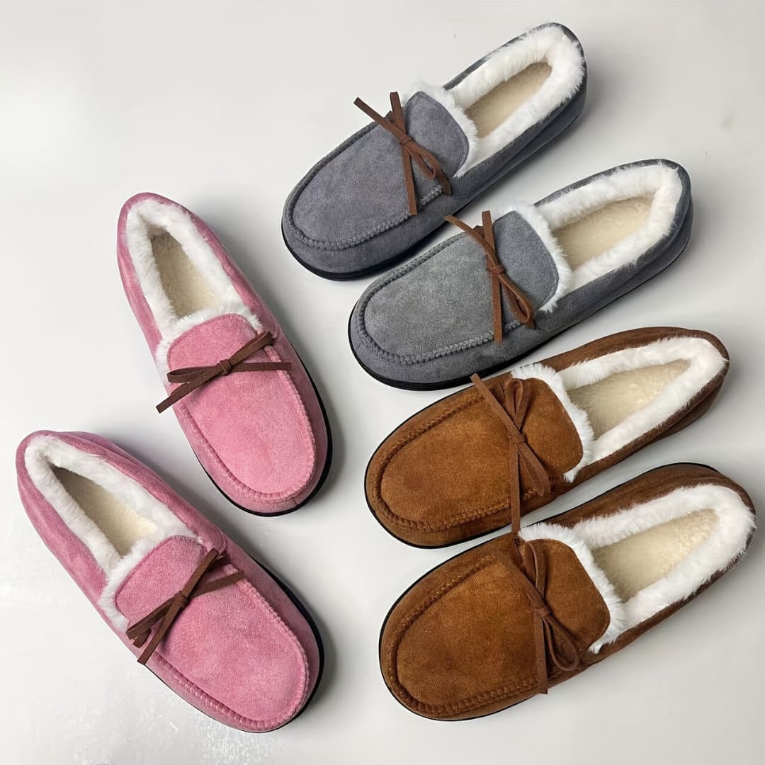 Women’s Fur-Lined Slippers with Bow – Soft Sole & Cozy Design