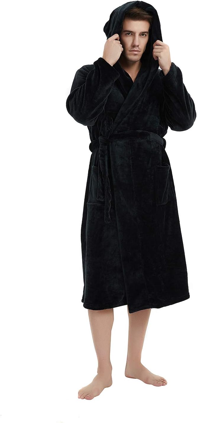 Men’s Fleece Bathrobe with Hood – Black Grey