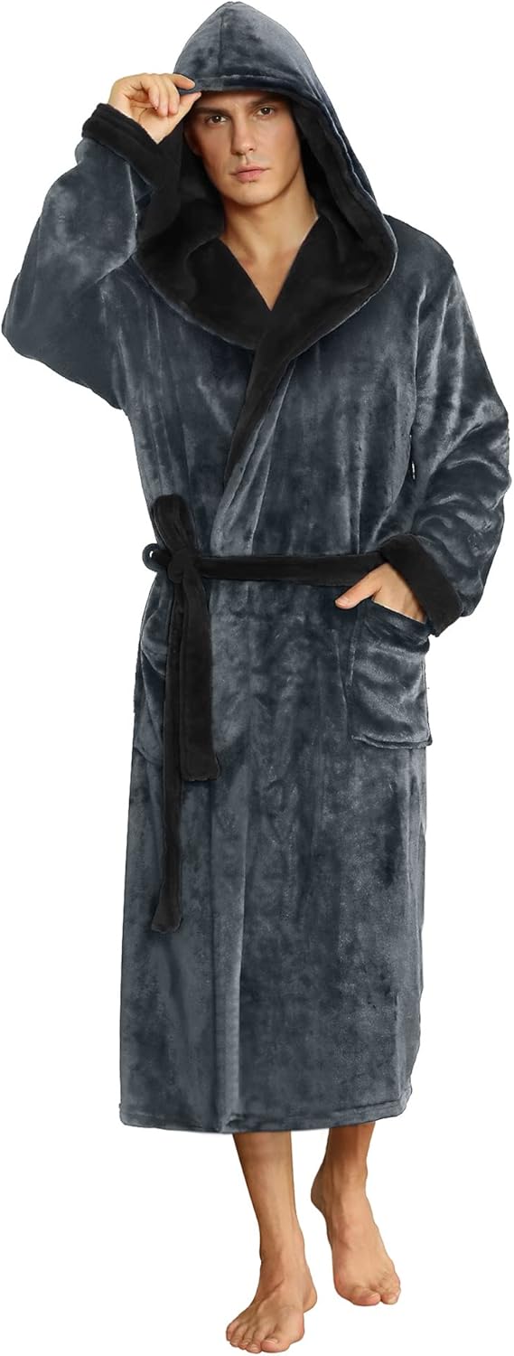 Men’s Fleece Bathrobe with Hood – Black Grey