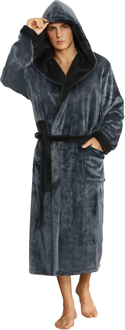 Men’s Fleece Bathrobe with Hood – Black Grey