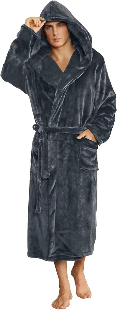 Men’s Fleece Bathrobe with Hood – Black Grey