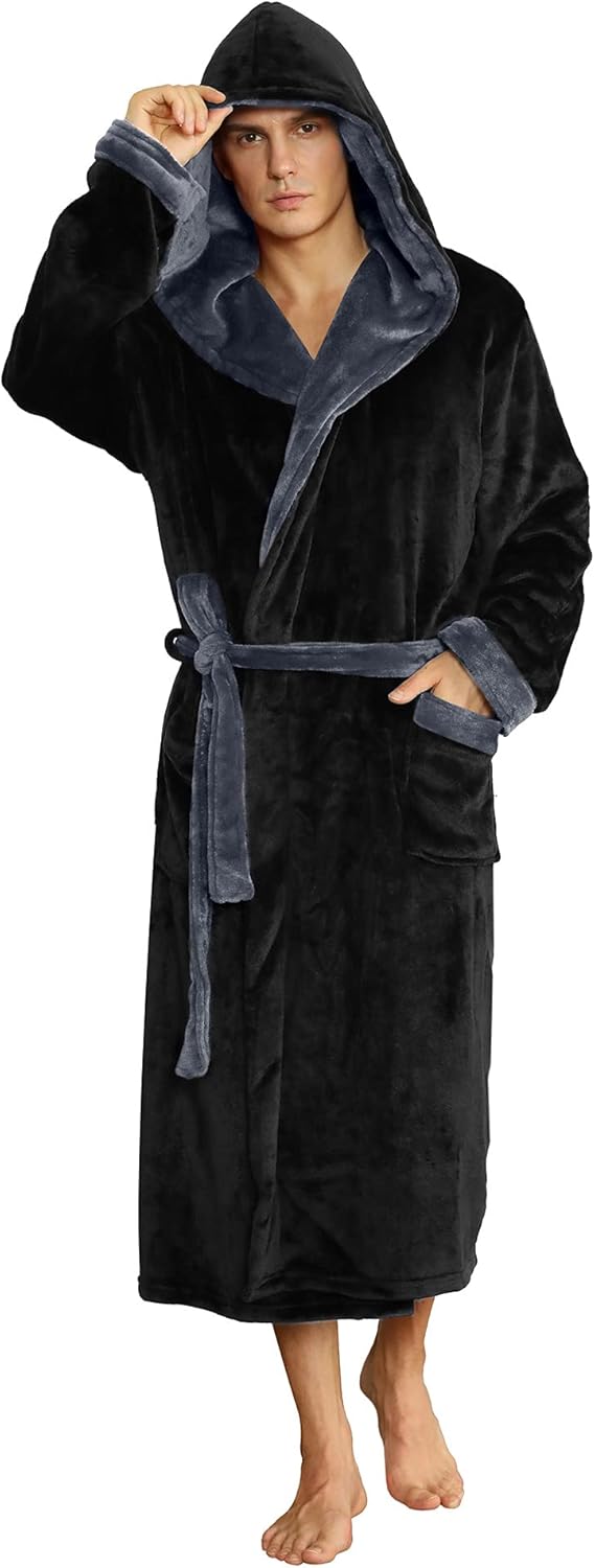 Men’s Fleece Bathrobe with Hood – Black Grey
