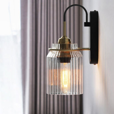 Vintage Wall Lamp with Ribbed Glass Shade – Iron Body, E27 Base