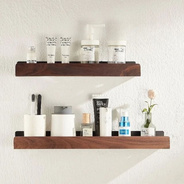 No-Drill Solid Wood Bathroom Wall Shelf