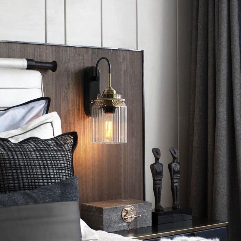 Vintage Wall Lamp with Ribbed Glass Shade – Iron Body, E27 Base