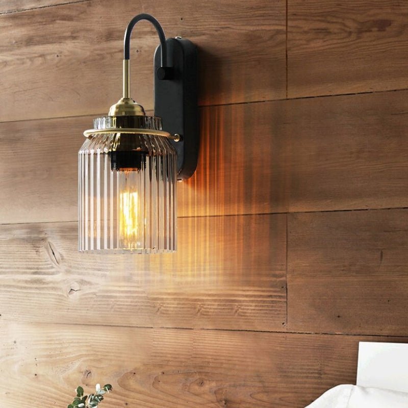 Vintage Wall Lamp with Ribbed Glass Shade – Iron Body, E27 Base