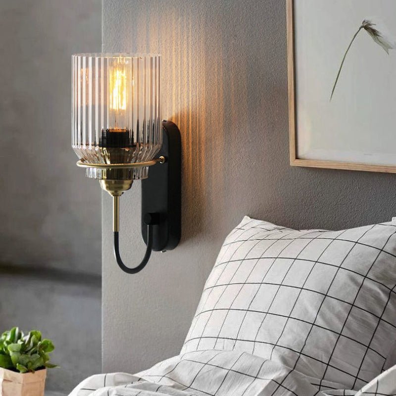 Vintage Wall Lamp with Ribbed Glass Shade – Iron Body, E27 Base