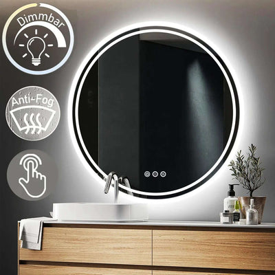 Round LED Bathroom Mirror with Touch and Anti-Fog