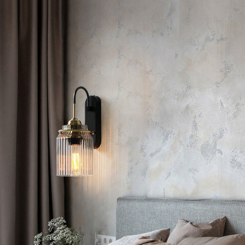 Vintage Wall Lamp with Ribbed Glass Shade – Iron Body, E27 Base