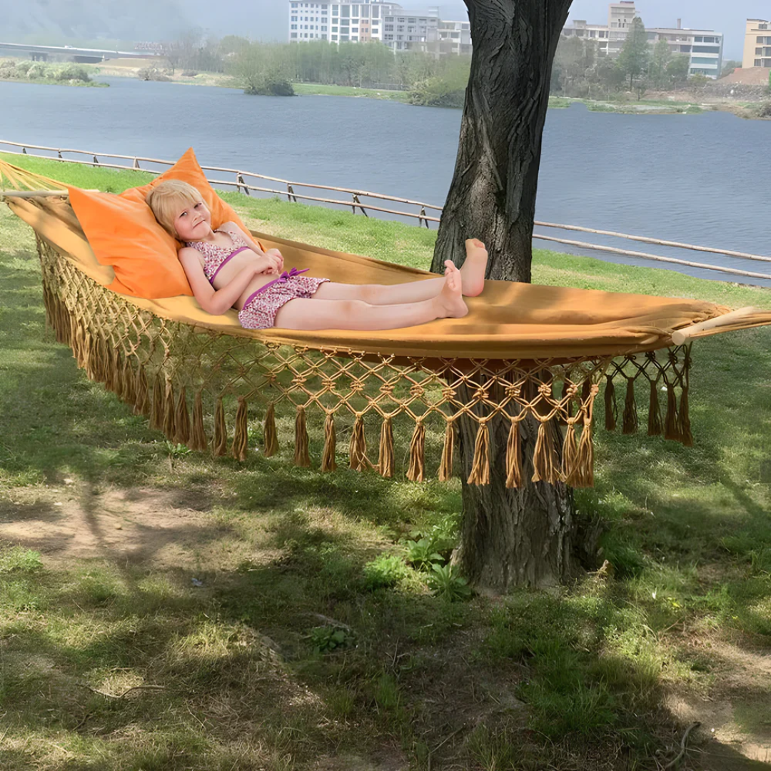 Boho Cotton Hammock with Wooden Bars for Indoor Outdoor Use
