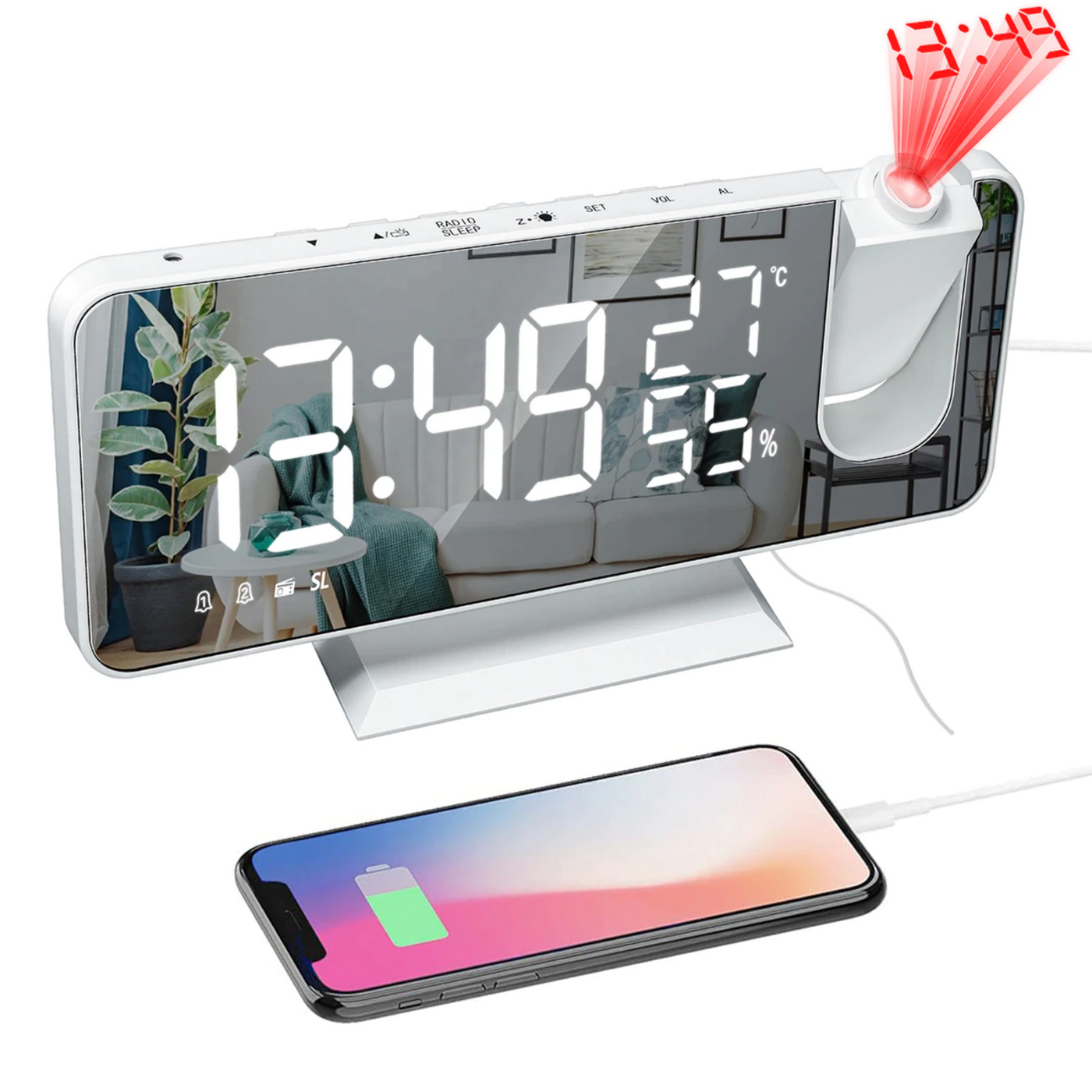 LED Projection Alarm Clock with Radio USB Charger Display
