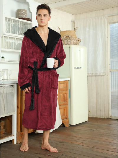Men’s Fleece Bathrobe with Hood – Black Grey